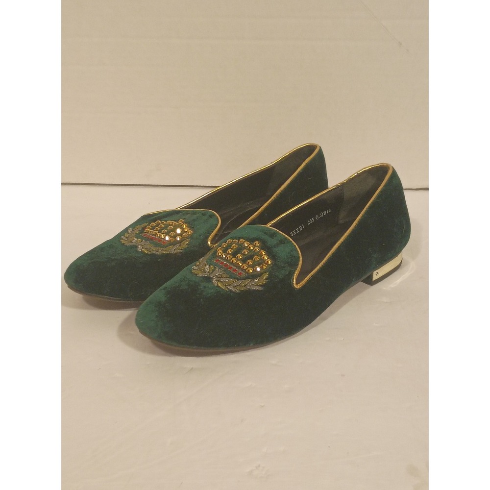 Belle Green Velvet Crown Embroidered Loafers Gold Trim Smoking Slippers 235 6.5